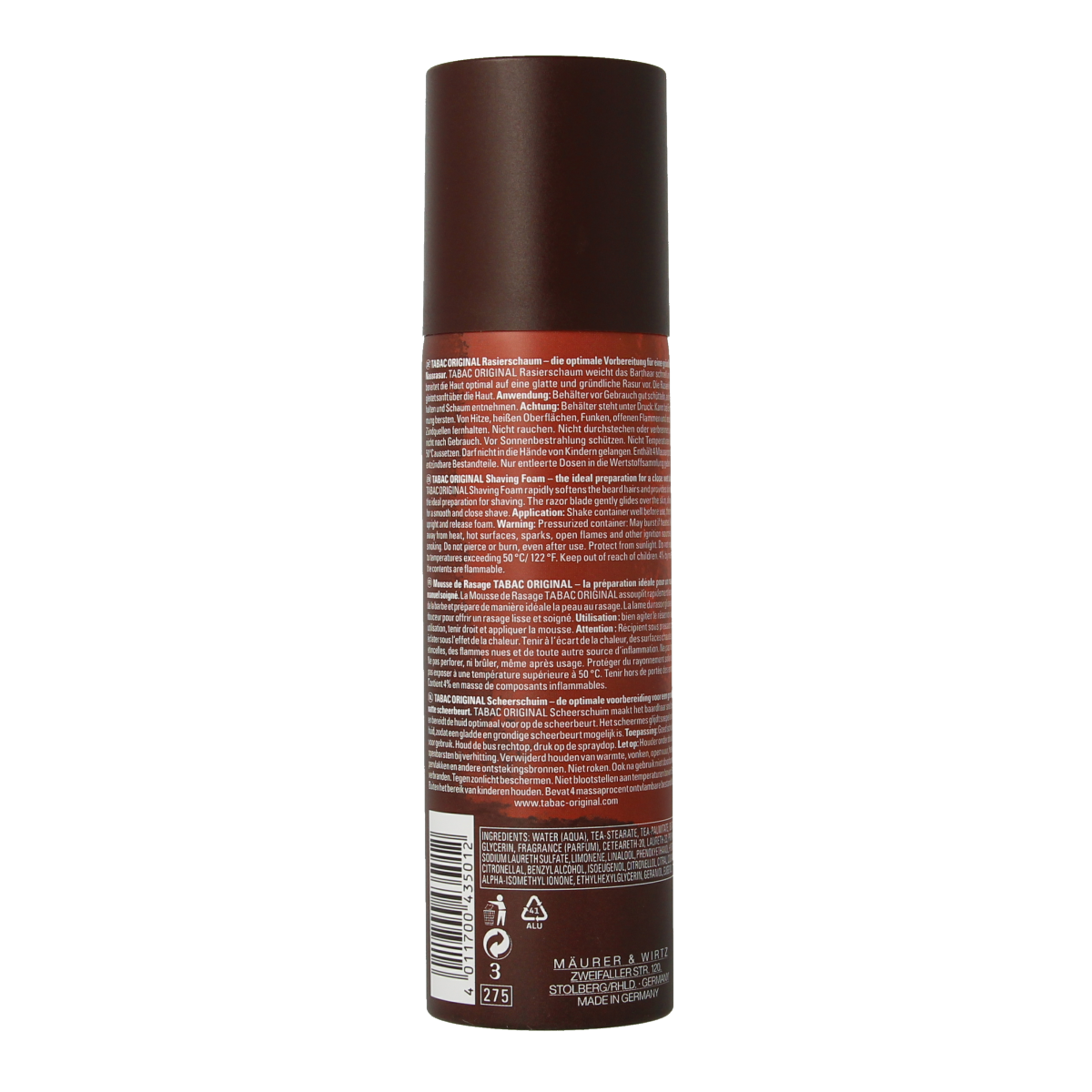 Tabac Original shaving foam in 200ml container, ideal for shaving and hair removal, with a classic scent and rich lather.