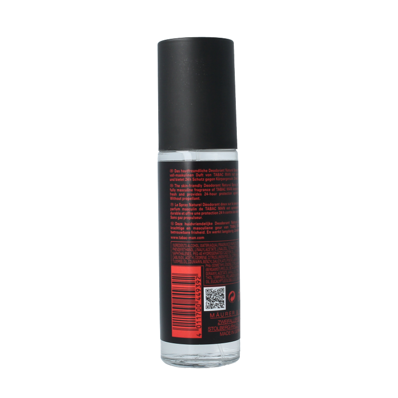 Tabac Man deodorant vapor spray bottle, 100ml, with sleek packaging and clear label, designed for men's fragrance and freshness.
