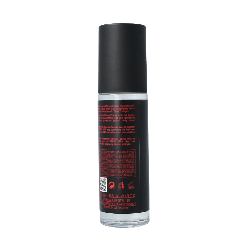 Tabac Man deodorant vapor spray bottle, 100ml, featuring classic packaging and branding, used for freshening and deodorizing.
