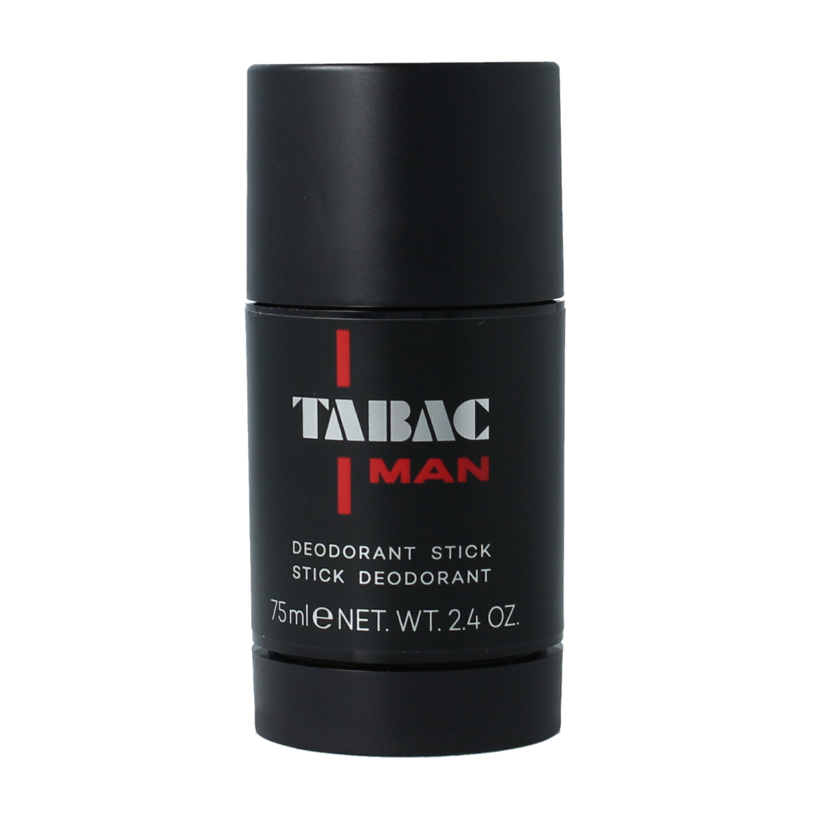 Tabac Man deodorant stick 75ml with sleek black packaging and white cap, designed for effective odor protection.
