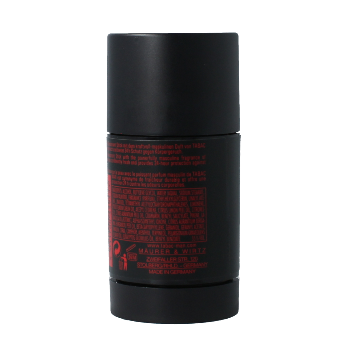 Tabac Man deodorant stick in 75ml container with sleek design, featuring the Tabac brand logo and a smooth application surface.