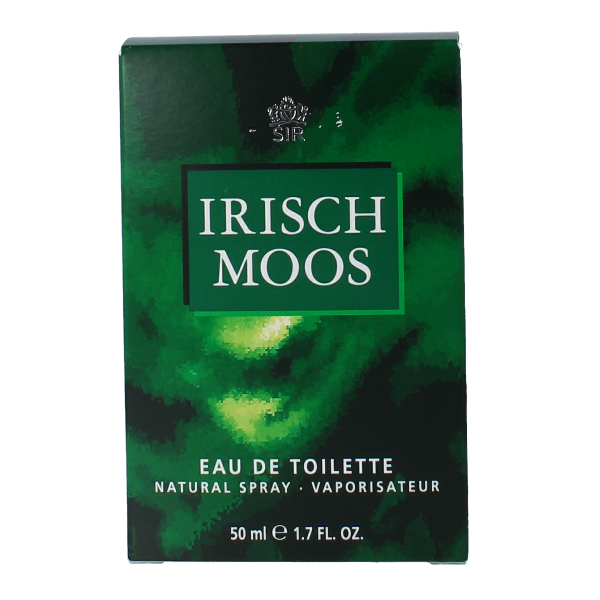 Sir Irisch Moos Eau de Toilette spray in 50ml, featuring a classic fragrance bottle with a silver cap and green accents.