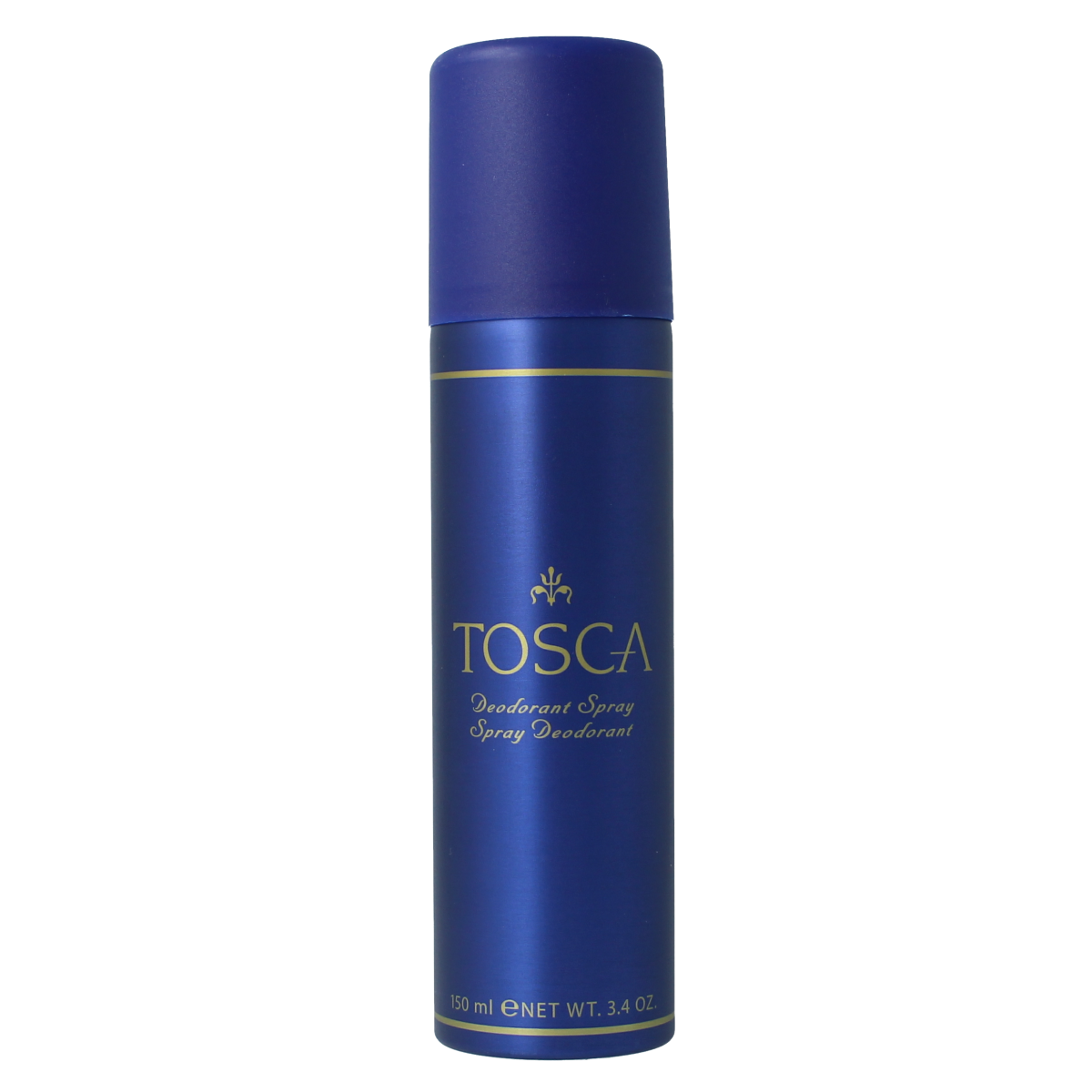 Tosca Deodorant spray bottle with 150ml capacity, featuring a sleek design and spray nozzle for everyday freshness.