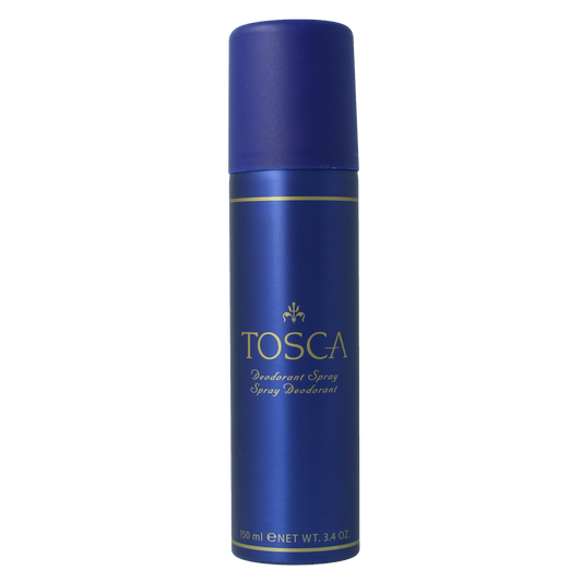 Tosca Deodorant spray bottle with 150ml capacity, featuring a sleek design and spray nozzle for everyday freshness.