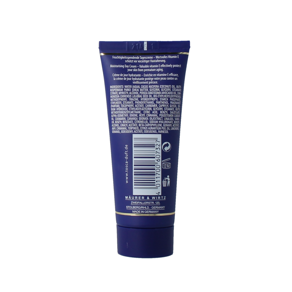 Tosca Day Cream 40ml jar with white lid, showcasing smooth cream inside, for facial skincare and hydration.
