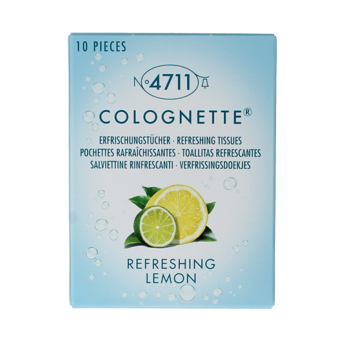 4711 colognettes tissues lemon scent, 10-pack of scented tissues with lemon fragrance, branded 4711, shown in the image.