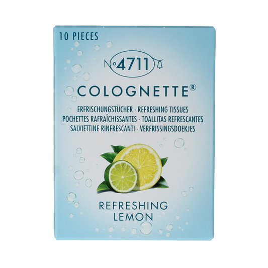4711 colognettes tissues lemon scent, 10-pack of scented tissues with lemon fragrance, branded 4711, shown in the image.