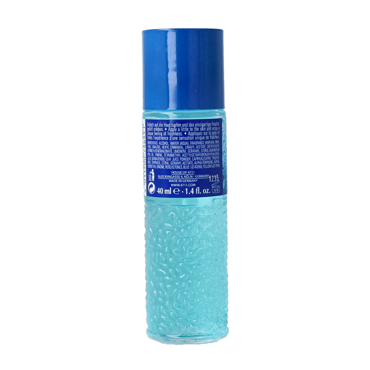 4711 Ice Blue dab-on-cool fragrance bottle, 40ml, with sleek blue packaging and spray nozzle for refreshing scent.