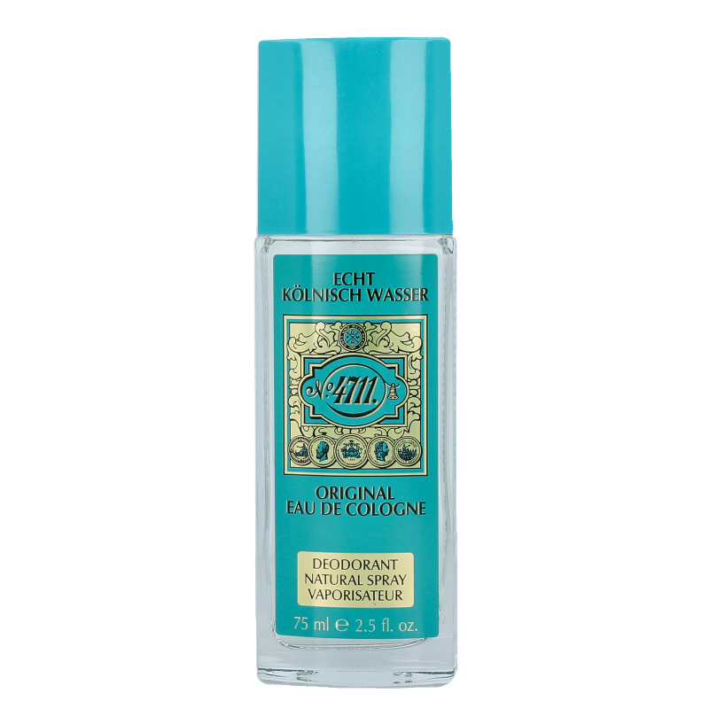 4711 natural deodorant spray in 75ml unboxed, featuring a sleek cylindrical bottle with a spray nozzle and minimalist label.