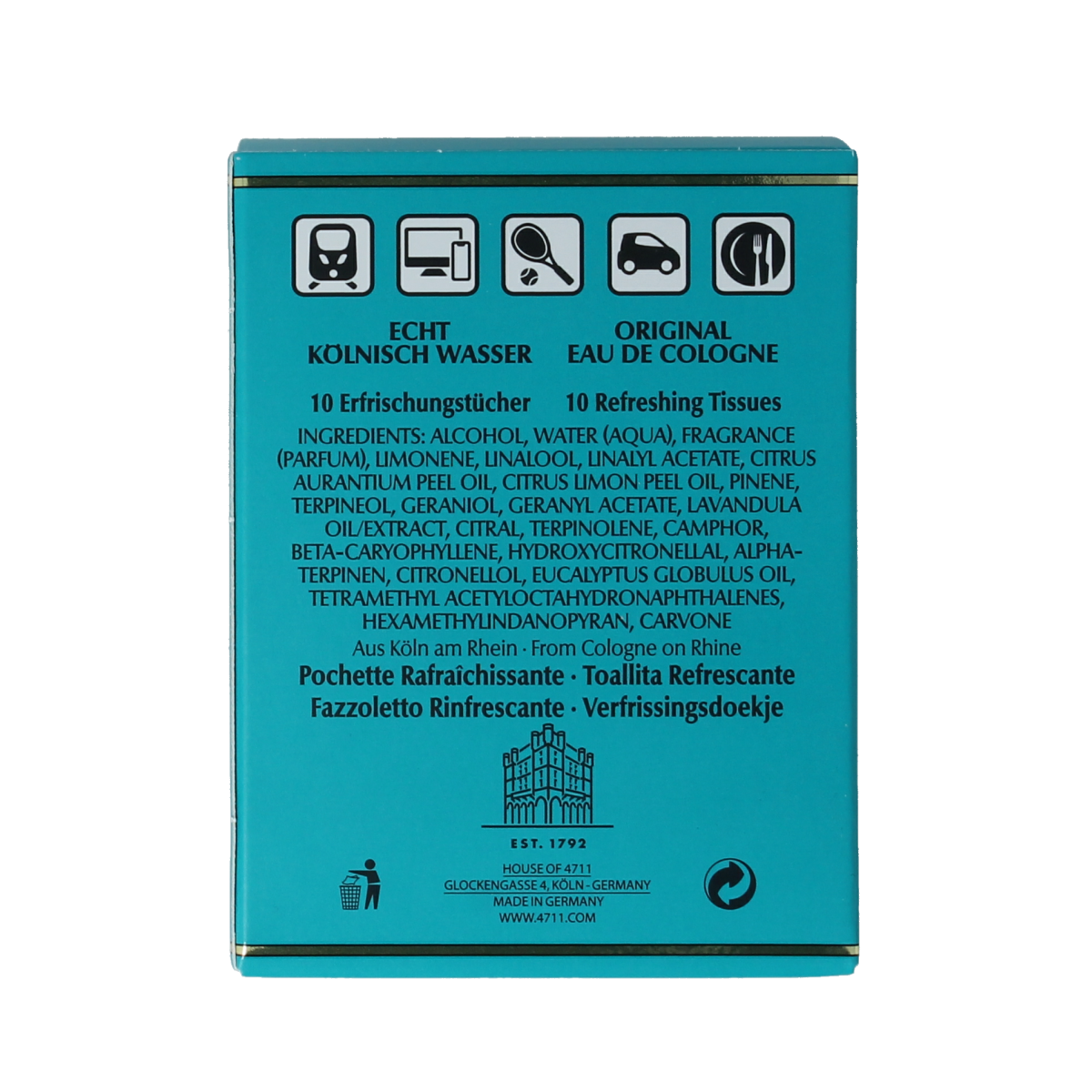 4711 colognettes refresh tissues box with 10 scented tissues, featuring elegant packaging and the 4711 brand logo visible.
