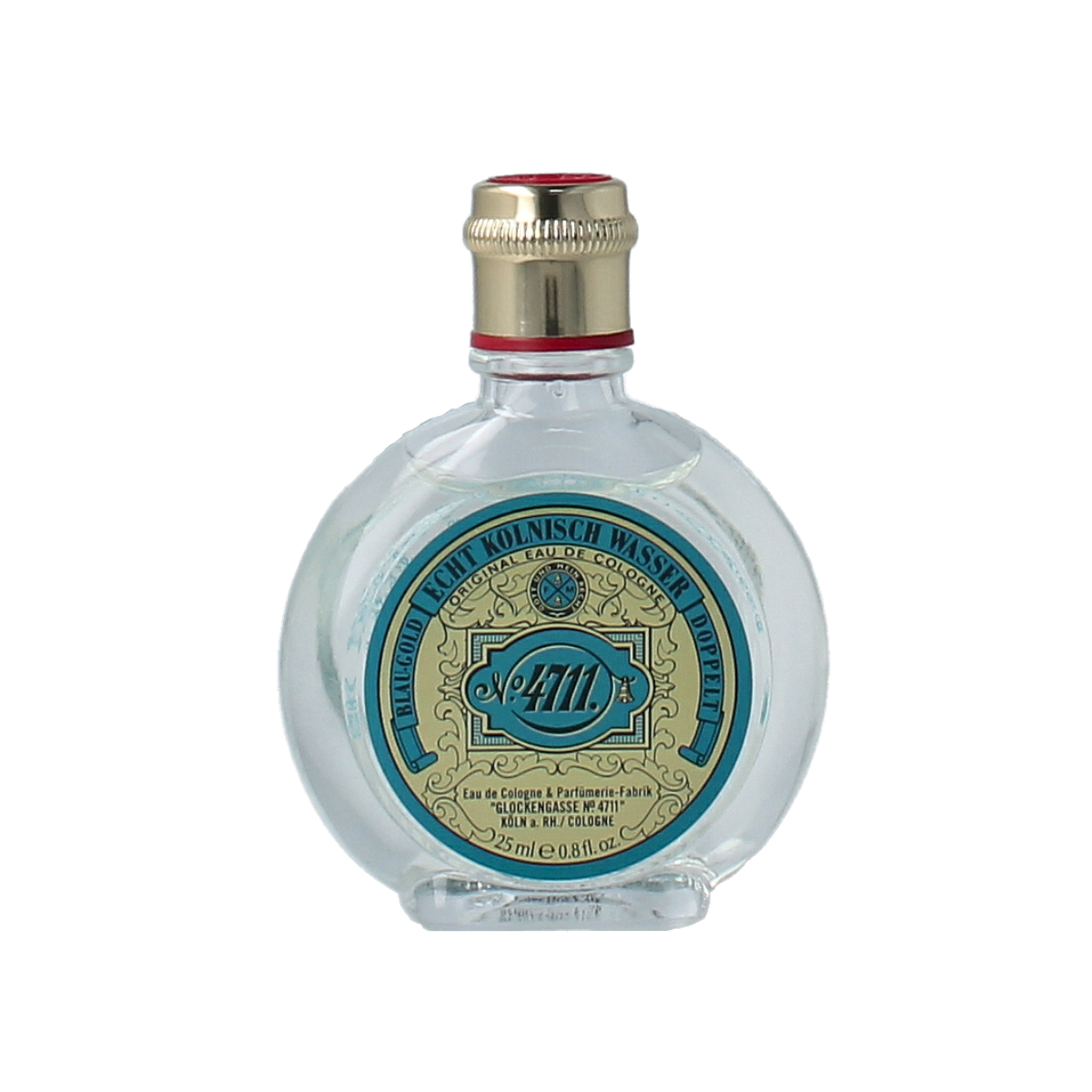 4711 Eau de Cologne bottle with 25ml clear glass container and classic label, showcasing the iconic fragrance design.