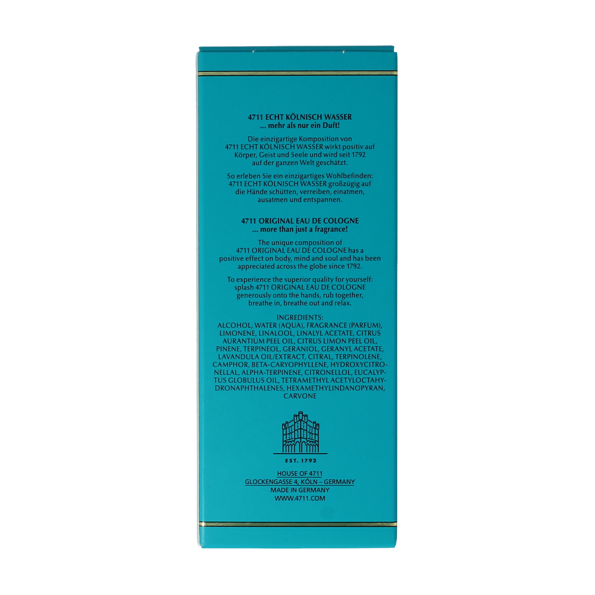 4711 Eau de Cologne flacon with 50ml transparent glass bottle and classic label, elegant fragrance packaging.
