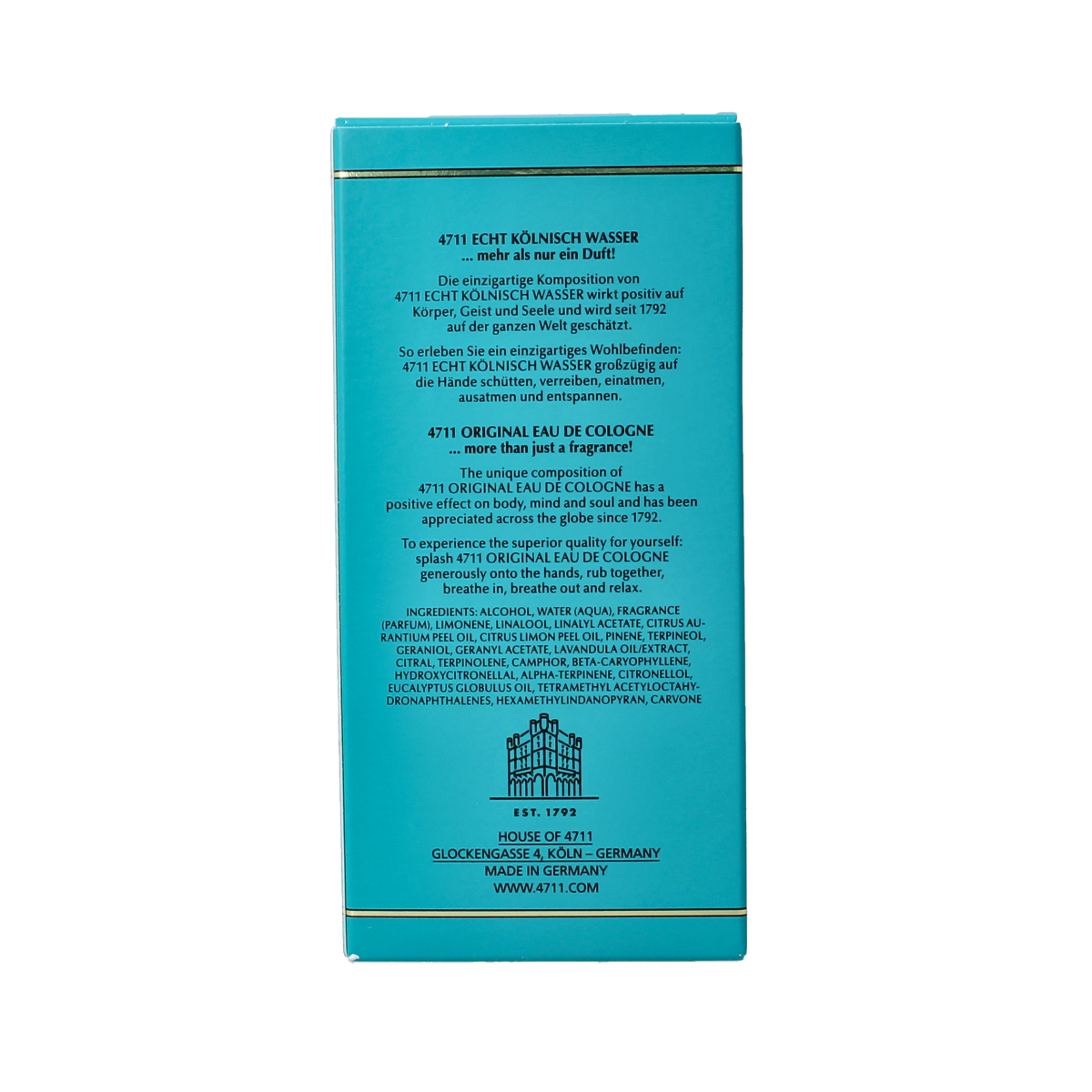 4711 Eau de Cologne Molanus bottle 100ml with classic clear glass design and white cap, showcasing the iconic fragrance packaging.
