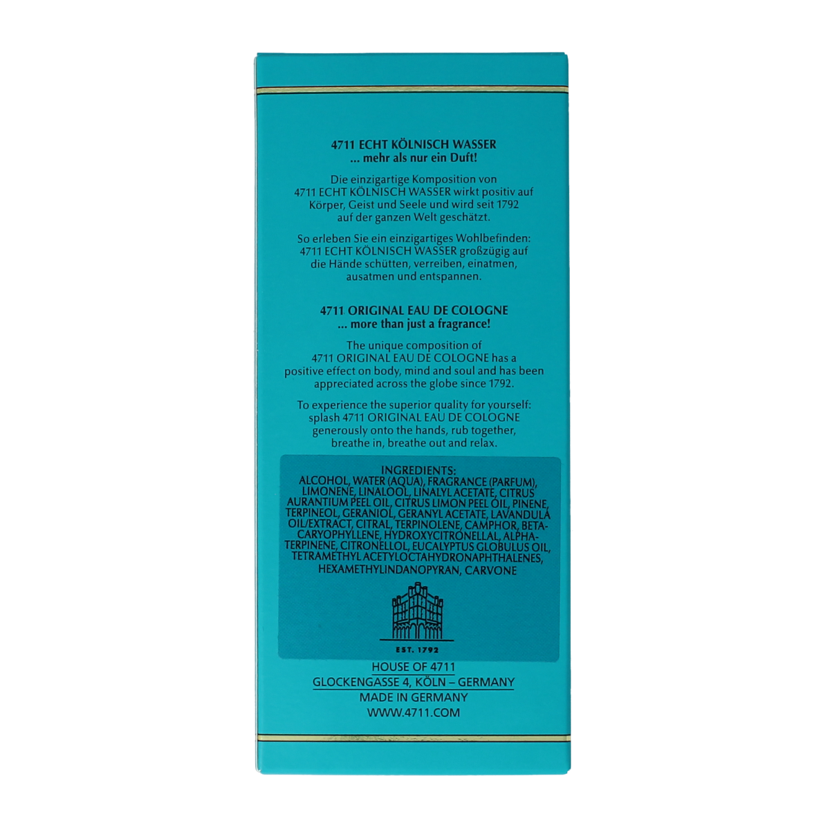 4711 Eau de Cologne Molanus bottle in folding box, 150ml, showcasing the elegant glass bottle and packaging.