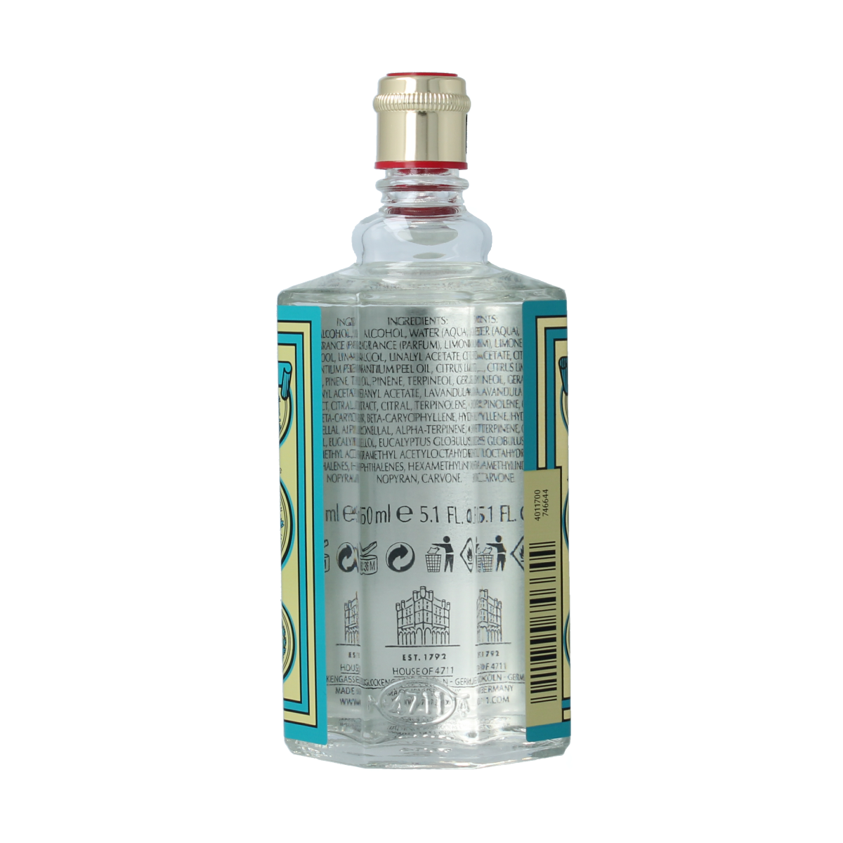 4711 Eau de Cologne bottle, 150ml, unwrapped, showcasing the classic branding and transparent glass container.