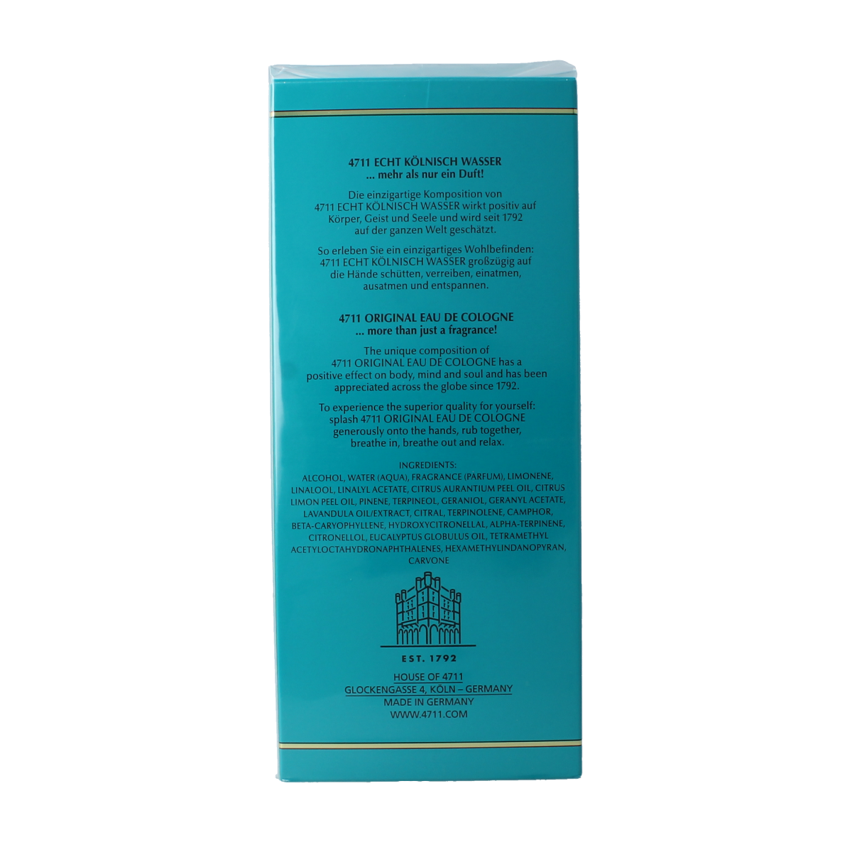 4711 Eau de Cologne flacon 400ml, classic fragrance bottle with elegant transparent glass and white cap.