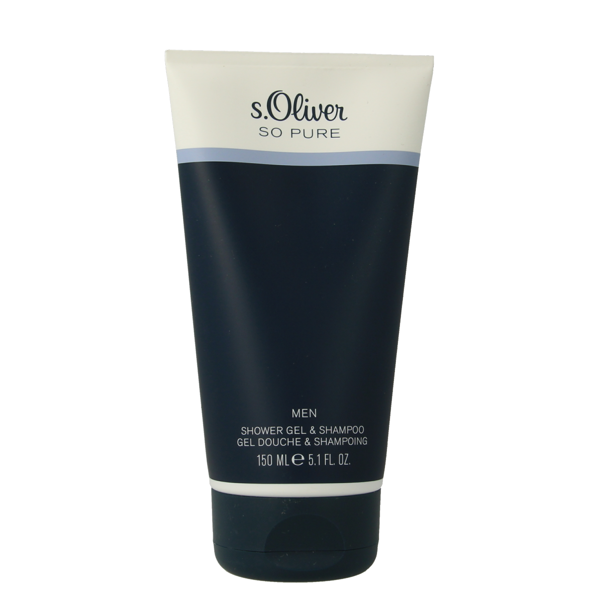 S Oliver So Pure men shower gel and shampoo bottle, 150ml, with sleek packaging and product label in the image.
