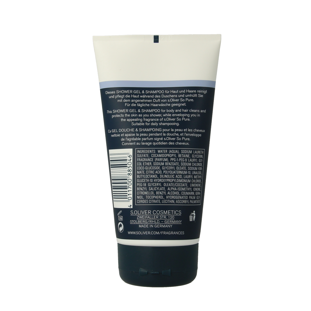 S Oliver So Pure men's shower gel and shampoo bottle, 150ml, with label and cap visible for hair and body cleansing.