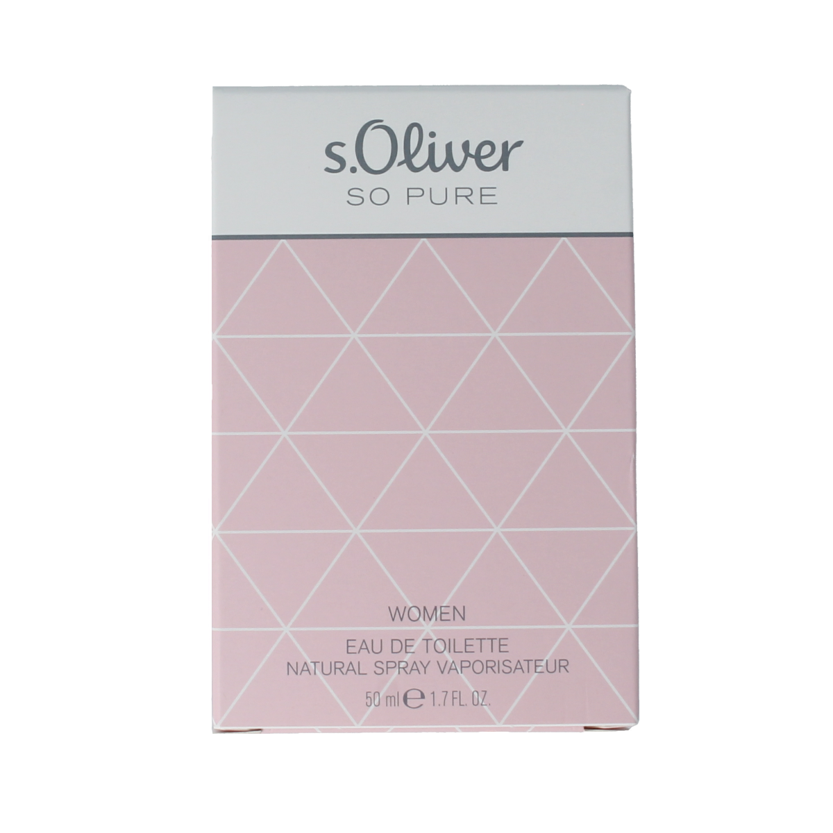 S Oliver So Pure women eau de toilette 50ml bottle with elegant transparent glass and white cap, displayed against a neutral background.