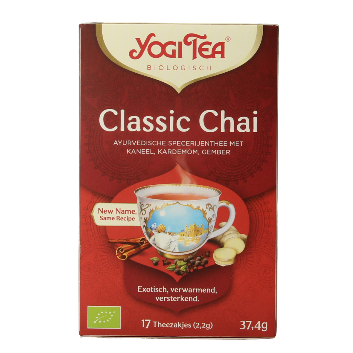 Yogi Tea Classic chai bio tea bags, 17-count, showing boxes of herbal tea with warm spices and natural ingredients.