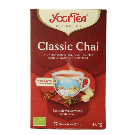 Yogi Tea Classic chai bio tea bags, 17-count, showing boxes of herbal tea with warm spices and natural ingredients.
