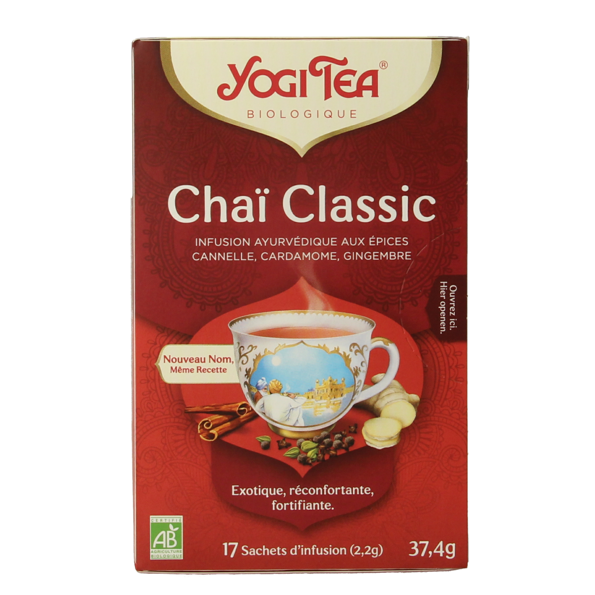 Yogi Tea Classic Chai organic tea bags, 17 count, with warm spices and rich flavor, in a packaging image.