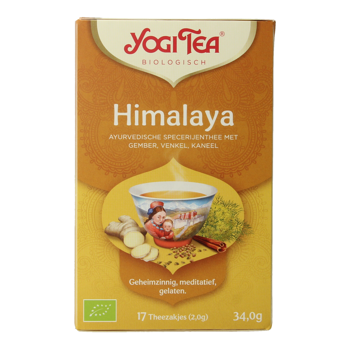 Yogi Tea Himalaya bio with 17 herbal tea bags, showcasing the packaging with green and white design and herbal illustrations.