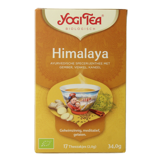 Yogi Tea Himalaya bio with 17 herbal tea bags, showcasing the packaging with green and white design and herbal illustrations.