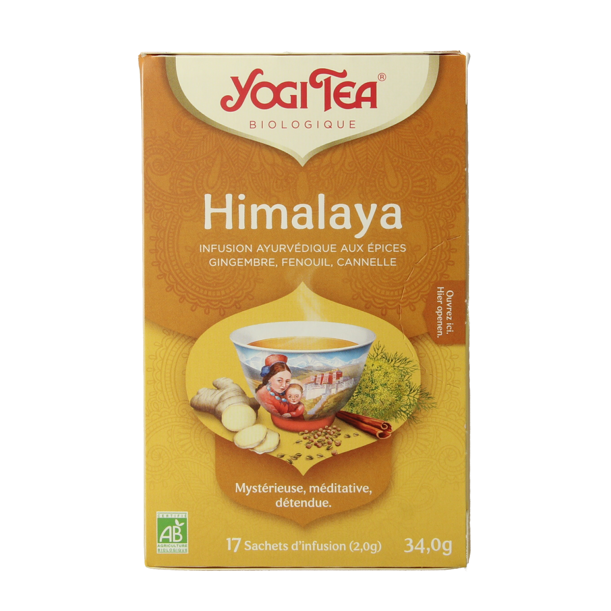 Yogi Tea Himalaya bio herbal tea box with 17 tea bags, featuring natural herbal ingredients in biodegradable packaging.