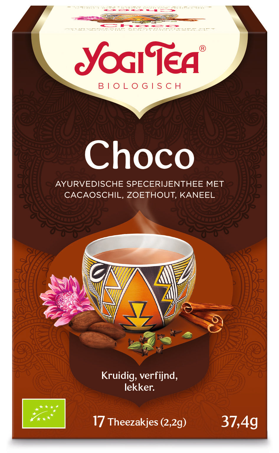 Yogi Tea Choco bio 17 tea bags, organic coffee and tea blend with chocolate flavor, shown in a box with tea bags.