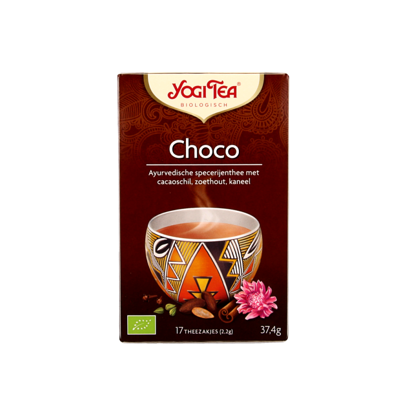 Yogi Tea Choco bio 17 tea bags, organic chocolate-flavored tea with colorful packaging and a steaming cup of tea.