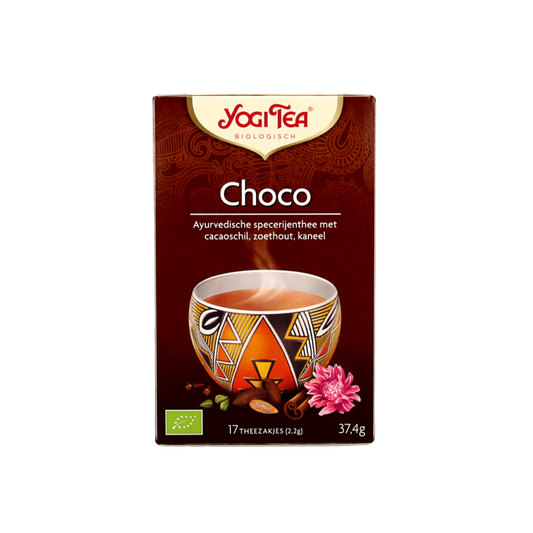 Yogi Tea Choco bio 17 tea bags, organic chocolate-flavored tea with colorful packaging and a steaming cup of tea.