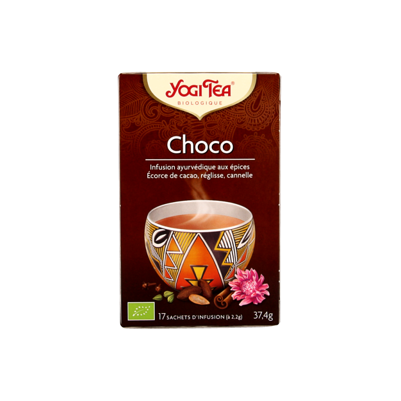 Yogi Tea Choco bio 17 tea bags, organic chocolate-flavored herbal tea in a box, with tea bags and packaging visible.
