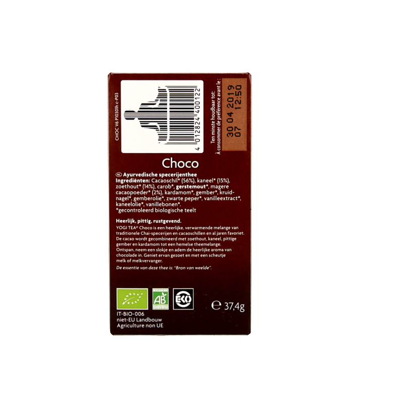 Organic Yogi Tea Choco with 17 sachets, featuring a box of herbal tea with chocolate flavor, from Yogi Tea.
