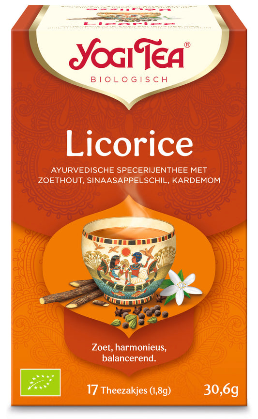 Yogi Tea Licorice Egyptian organic tea in a box with 17 tea bags, featuring a tea cup and licorice root on the packaging.