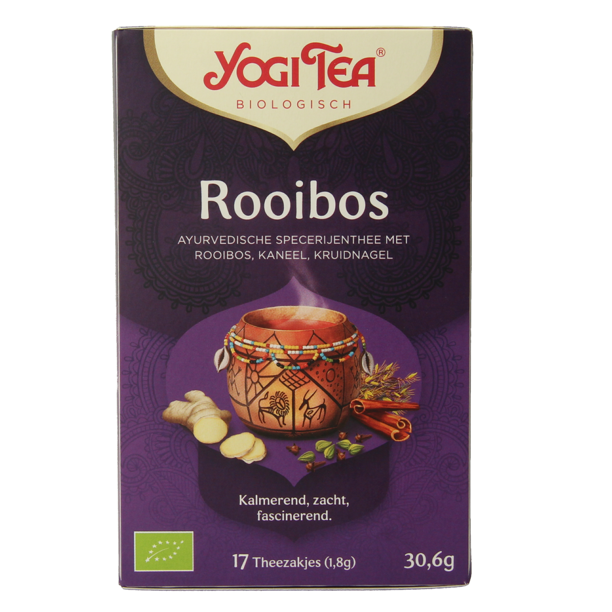 Yogi Tea Rooibos bio herbal tea bags, natural red rooibos tea in a box, aromatic and caffeine-free herbal beverage.