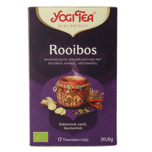 Yogi Tea Rooibos bio herbal tea bags, natural red rooibos tea in a box, aromatic and caffeine-free herbal beverage.
