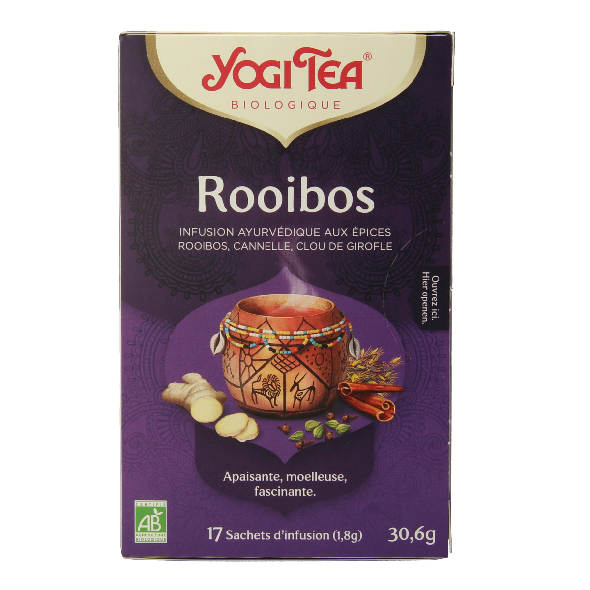 Yogi Tea Rooibos organic tea bags, 17-count, featuring a box of herbal tea with a rooibos leaf on the packaging.