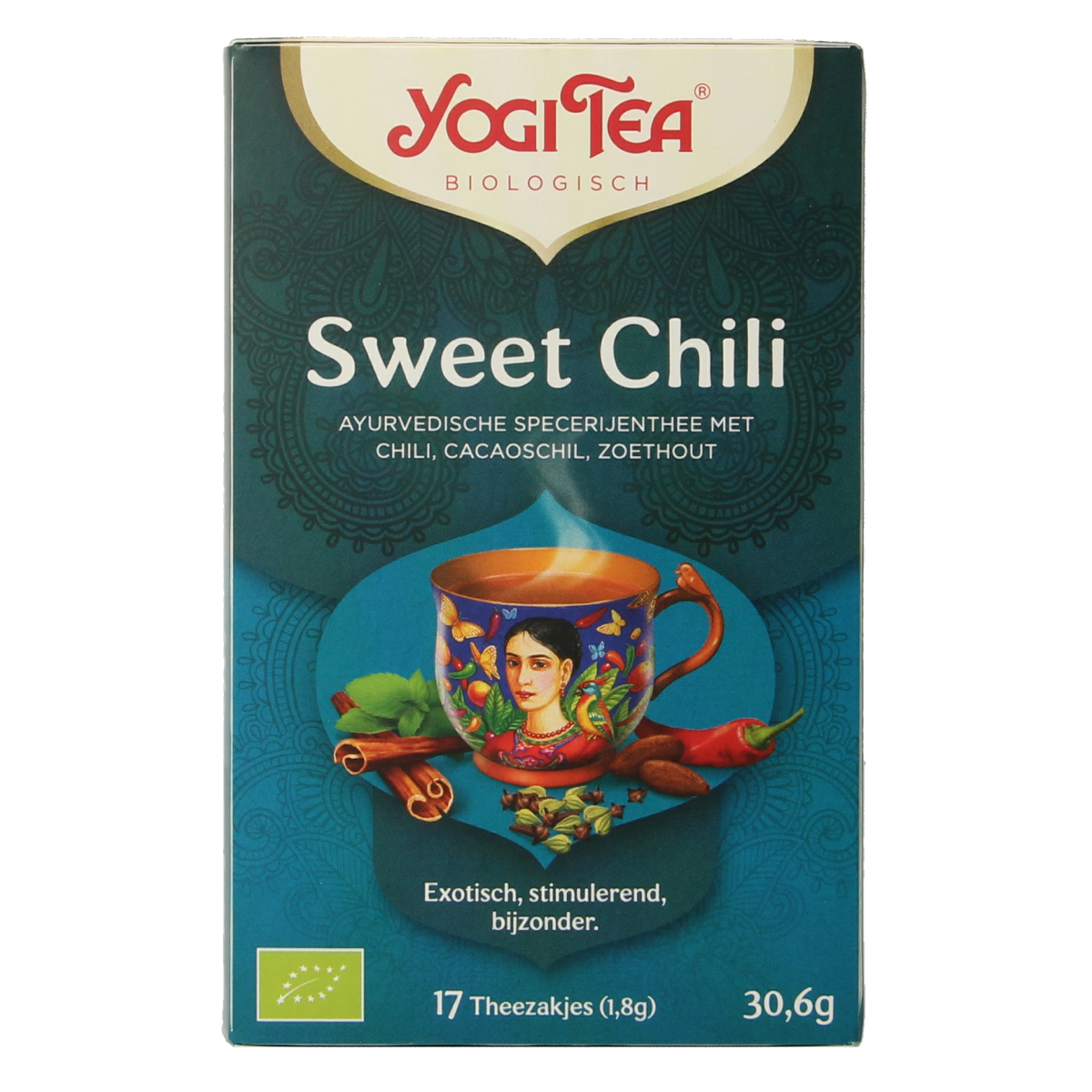 Yogi Tea Sweet Chili bio tea in a box with 17 tea bags, featuring spicy chili flavor and organic ingredients.