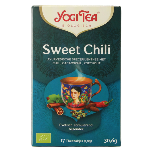 Yogi Tea Sweet Chili bio tea in a box with 17 tea bags, featuring spicy chili flavor and organic ingredients.