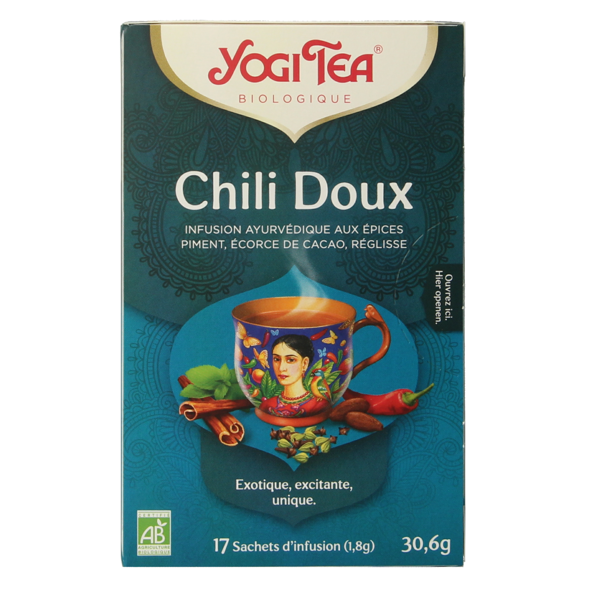 Yogi Tea Sweet Chili bio tea in a box with 17 tea bags, featuring colorful packaging and a warm, inviting design.