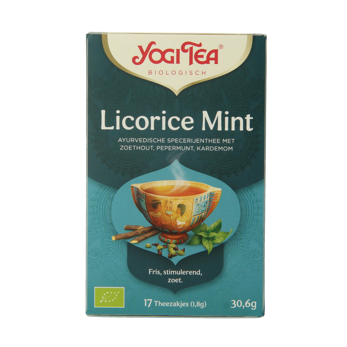 Yogi Tea Licorice Mint organic tea in 17 tea bags, featuring a box with tea leaves and mint leaves on the packaging.