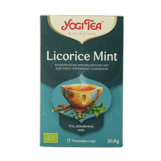 Yogi Tea Licorice Mint organic tea in 17 tea bags, featuring a box with tea leaves and mint leaves on the packaging.