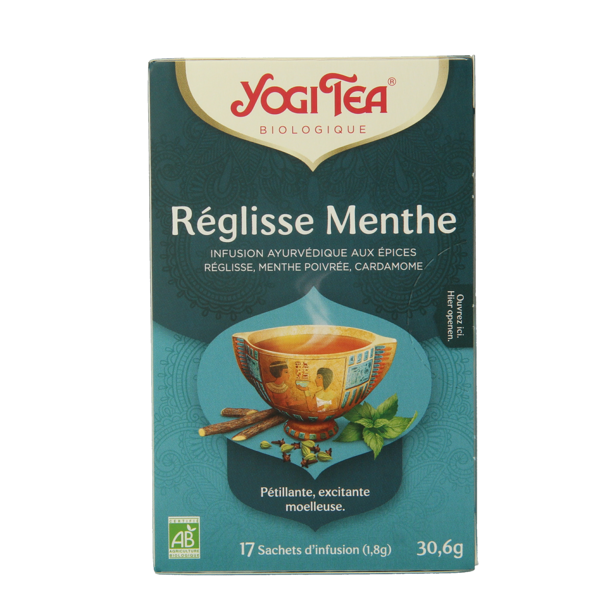 Yogi Tea Licorice Mint organic tea bags, featuring a box with images of licorice roots and mint leaves on the packaging.