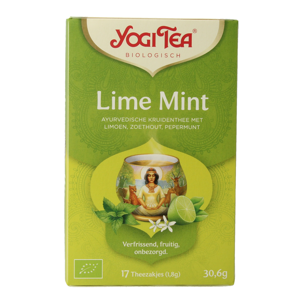 Yogi Tea Lime Mint organic herbal tea in 17 tea bags, featuring fresh lime and mint leaves on the packaging.