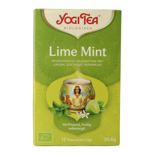 Yogi Tea Lime Mint organic herbal tea in 17 tea bags, featuring fresh lime and mint leaves on the packaging.