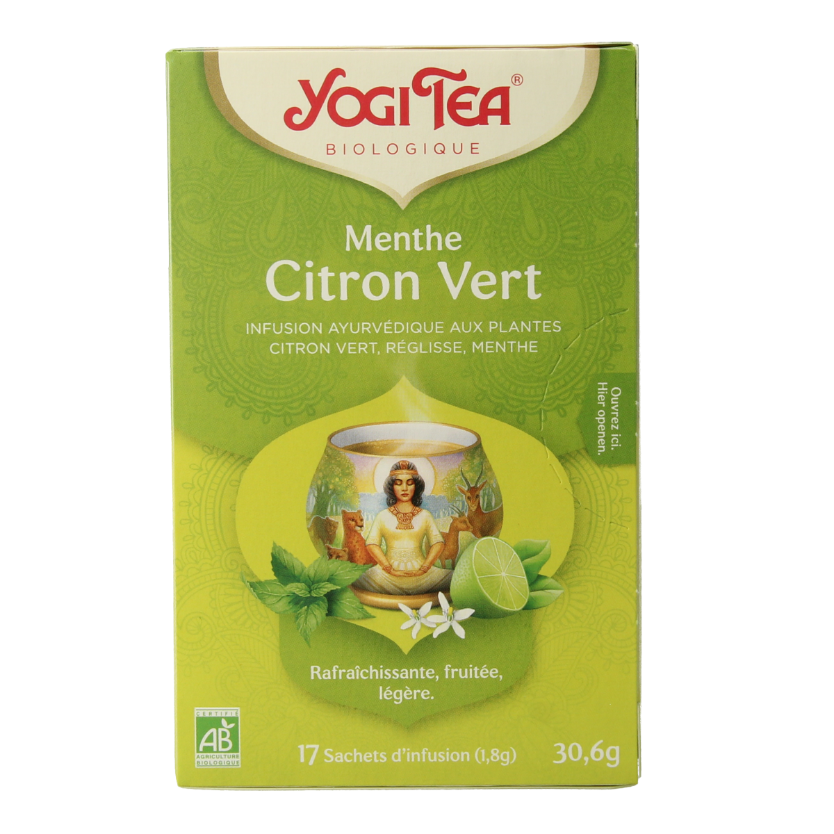Yogi Tea Lime Mint bio tea bags, fresh green and white packaging, featuring lime and mint flavor for soothing herbal tea.