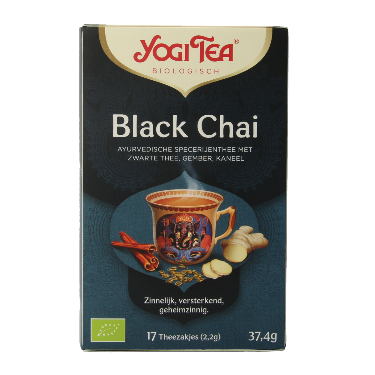 Yogi Tea Black Chai bio with 17 organic tea bags, featuring a warm blend of spices and black tea leaves in a packaging image.