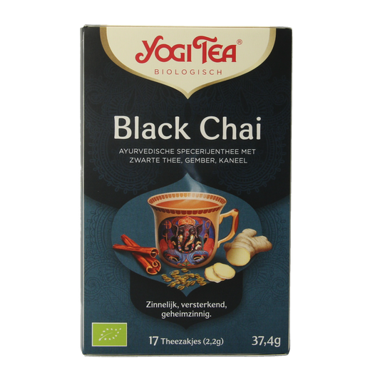 Yogi Tea Black Chai bio with 17 organic tea bags, featuring a warm blend of spices and black tea leaves in a packaging image.