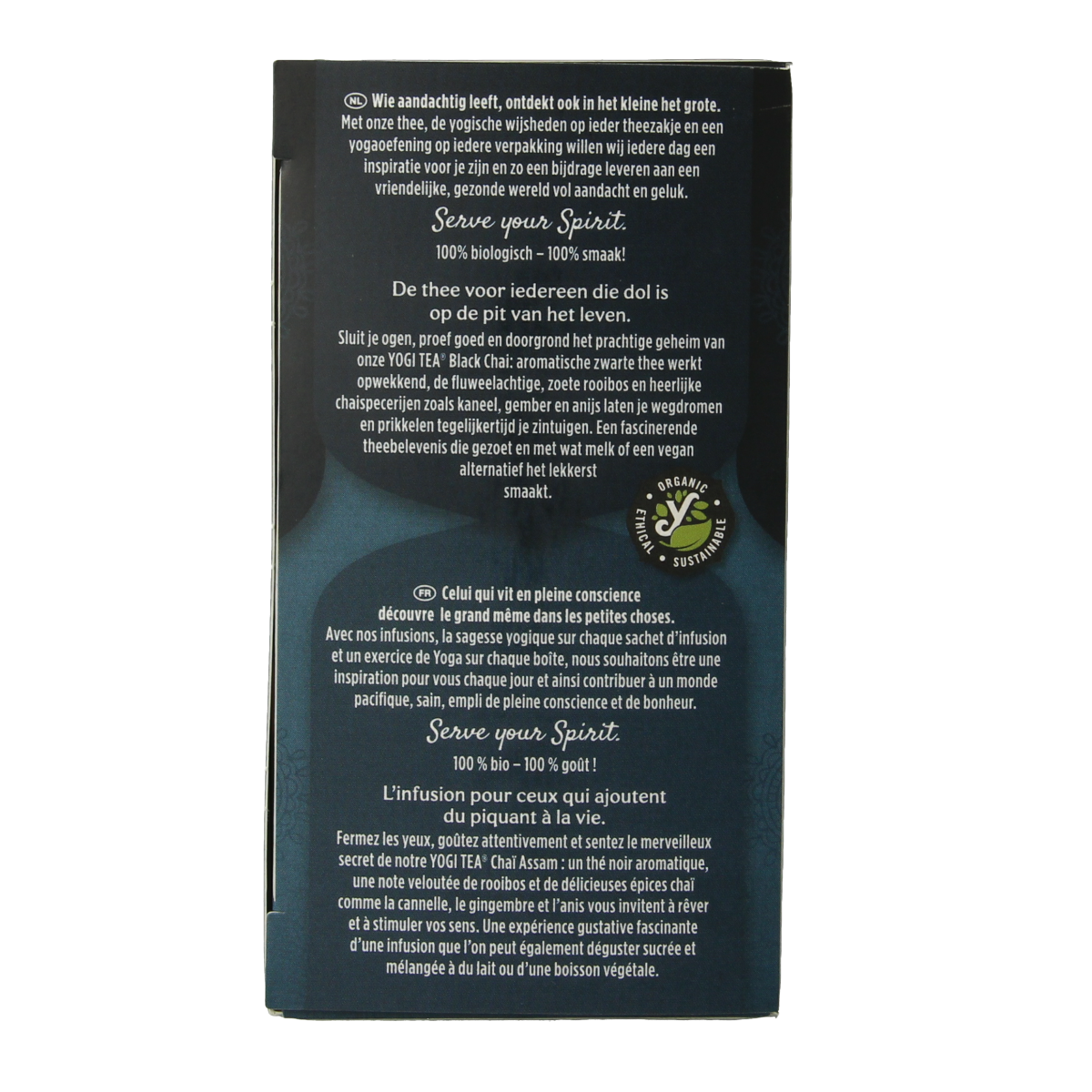Yogi Tea Black Chai organic tea bags, 17-count, with a steaming cup of chai and tea ingredients on the packaging.